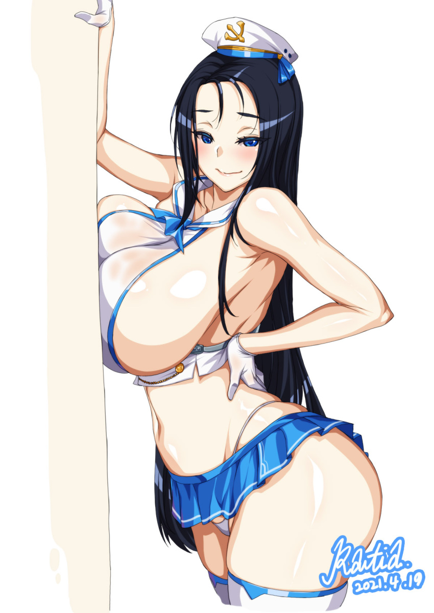 black_hair blue_eyes blue_skirt breast_press breasts closed_mouth dated female gloves hand_on_own_hip hand_on_wall hat highleg highleg_panties highres invincible_dragon_(last_origin) large_breasts last_origin long_hair looking_at_viewer microskirt miniskirt navel official_alternate_costume panties pleated_skirt rantia revealing_clothes sailor_collar sailor_hat see-through shirt sideboob signature simple_background skirt smile solo standing stomach string_panties thighhighs underwear white_background white_gloves white_shirt white_thighhighs