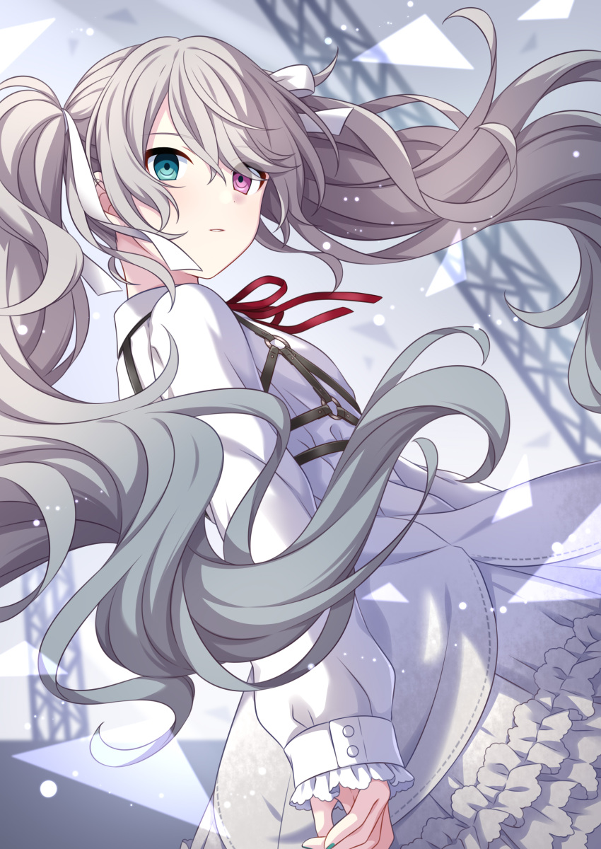 25-ji_miku 25-ji_nightcord_de._(project_sekai) absurdres bad_id bad_pixiv_id blue_eyes blurry blurry_background commentary depth_of_field dress female floating_hair from_side grey_hair hair_ribbon hatsune_miku heterochromia highres long_hair long_sleeves looking_at_viewer looking_to_the_side md5_mismatch neck_ribbon parted_lips pink_eyes project_sekai red_ribbon resolution_mismatch ribbon ringed_eyes sekina solo source_smaller standing truss vocaloid white_dress white_ribbon