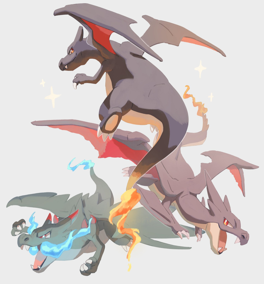 alternate_color blue_fire bright_pupils charizard claws closed_mouth fang_out fire grey_background highres mega_charizard_x mega_charizard_y mega_pokemon no_humans oerba_yun_fang open_mouth orange_eyes pokemon pokemon_(creature) protected_link red_eyes shiny_pokemon smile sparkle tongue torinoko_(miiko_draw) white_pupils