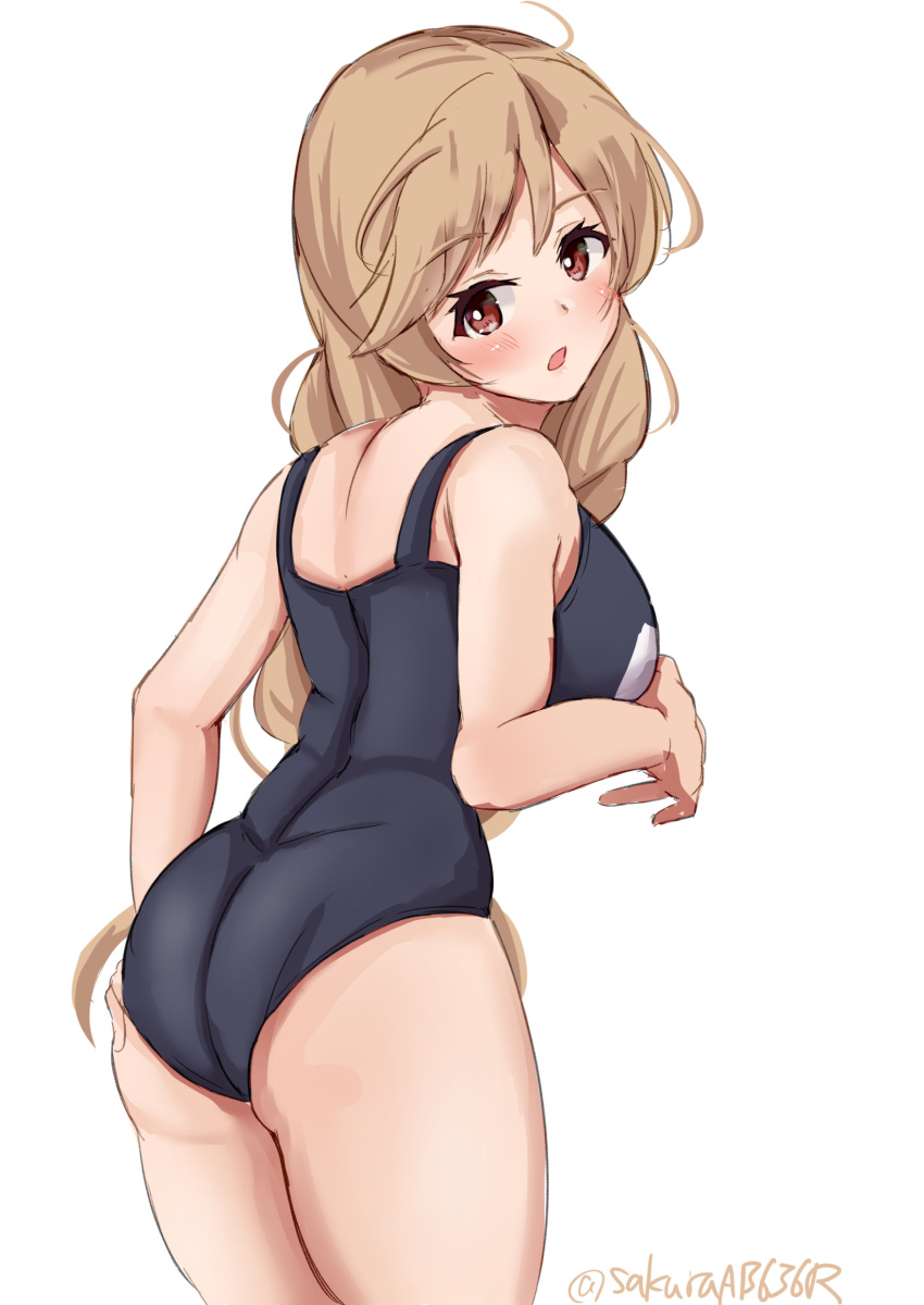 absurdres ass back bad_id bad_twitter_id blue_one-piece_swimsuit blush braid breasts cloud_hair_ornament female hair_between_eyes highres inactive_account kantai_collection large_breasts light_brown_hair long_hair looking_at_viewer looking_back low_twin_braids minegumo_(kancolle) one-piece_swimsuit open_mouth red_eyes sakura_ab school_swimsuit simple_background solo swimsuit twin_braids twitter_username white_background