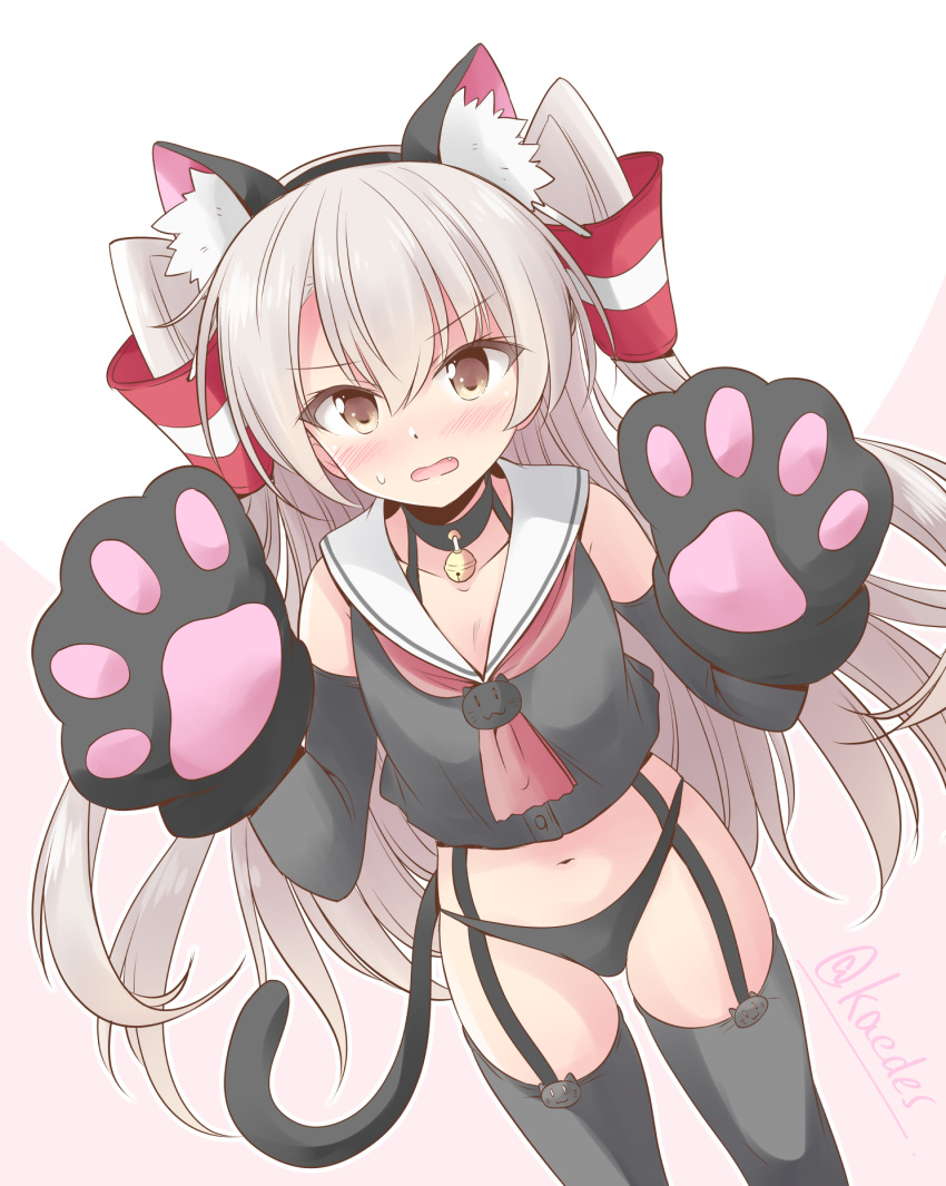 alternate_costume amatsukaze_(kancolle) animal_ears animal_hands black_panties brown_eyes cat_ears cat_tail commentary_request cowboy_shot crop_top elbow_gloves embarrassed female garter_straps gloves grey_gloves grey_thighhighs hair_tubes highres kantai_collection long_hair looking_at_viewer neckerchief one-hour_drawing_challenge panties paw_gloves red_neckerchief sailor_collar shirt shizuna_kaede simple_background sleeveless sleeveless_shirt solo tail thighhighs two_side_up underwear white_background white_hair white_sailor_collar