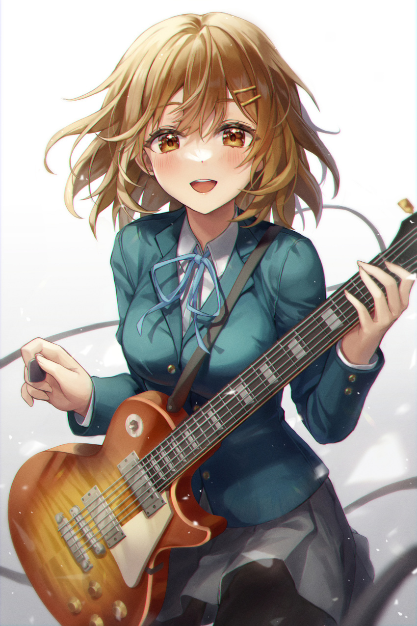 :d absurdres aibek black_pantyhose blazer blue_jacket blue_ribbon bob_cut breasts brown_eyes brown_hair collared_shirt electric_guitar female floating_hair gibson_les_paul grey_skirt guitar hair_ornament hairclip highres hirasawa_yui holding holding_instrument holding_plectrum instrument jacket k-on! looking_at_viewer medium_breasts medium_hair neck_ribbon open_mouth pantyhose pleated_skirt plectrum ribbon sakuragaoka_high_school_uniform school_uniform shirt skirt smile solo white_shirt winter_uniform