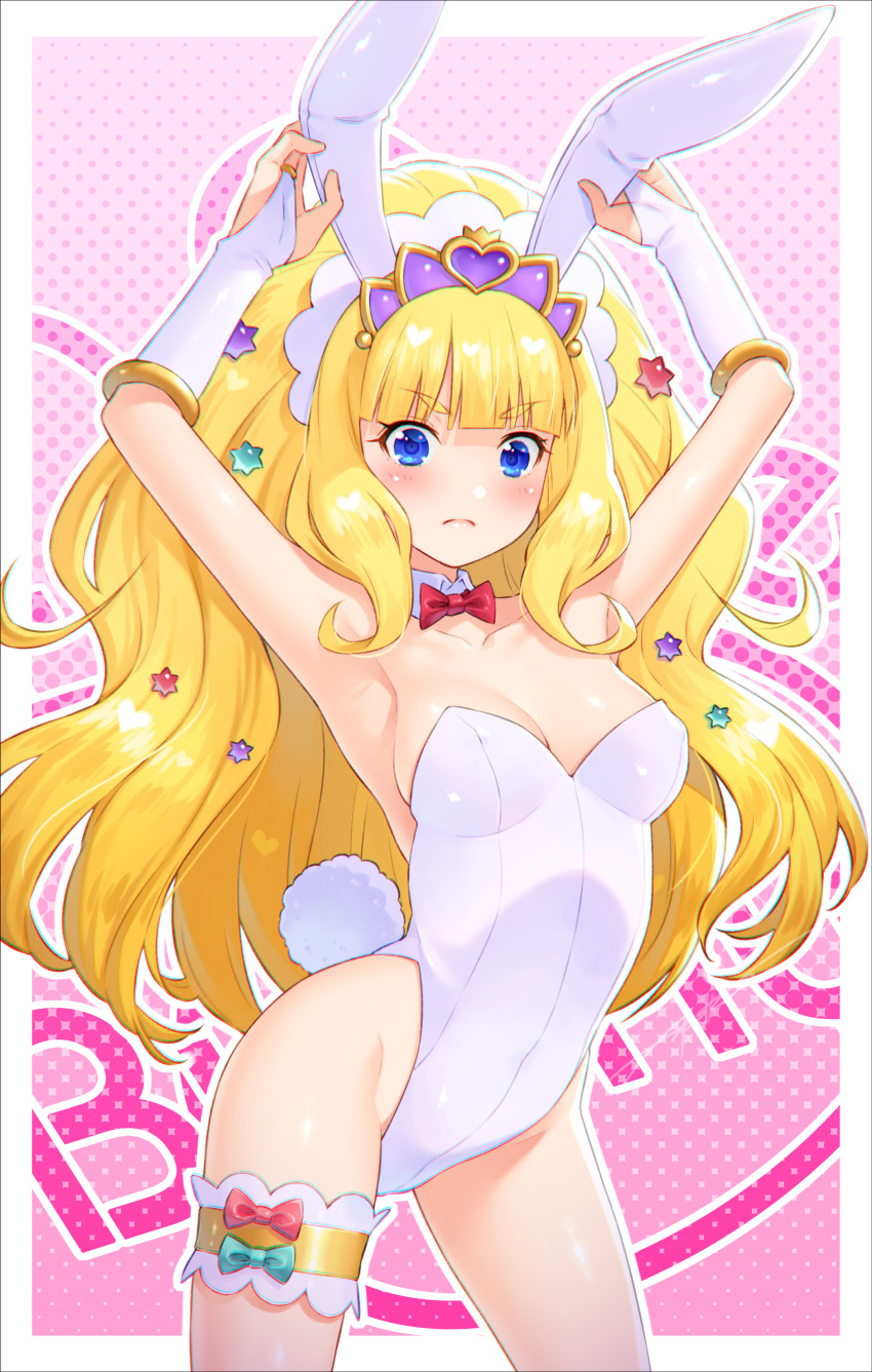 absurdres animal_ears armpits arms_up blonde_hair blue_eyes blunt_bangs blush bow bowtie breasts cleavage commentary_request cure_finale delicious_party_precure detached_collar elbow_gloves female gloves highres kasai_amane kazuma_muramasa long_hair looking_at_viewer playboy_bunny precure rabbit_ears solo thigh_strap white_gloves