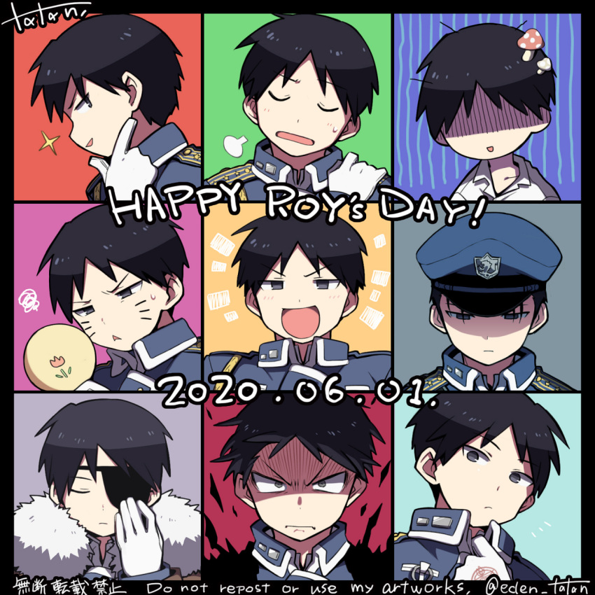 +++ 6+boys :d ^^^ amestris_military_uniform angry annoyed aqua_background artist_name bad_id bad_pixiv_id black_eyes black_hair blue_background blue_headwear blush character_name chestnut_mouth close-up closed_eyes closed_mouth coat collared_jacket collared_shirt commentary_request conqueror_of_shambala dated dilated_pupils dress_shirt english_text exhausted expressions eyepatch facepaint facial_mark facing_viewer from_side fullmetal_alchemist fur-trimmed_coat fur_trim furrowed_brow gloves green_background grey_background grey_eyes grin hair_slicked_back half-closed_eyes hand_on_own_chin hand_on_own_face hand_on_own_shoulder hand_up hat head_rest head_tilt highres holding holding_mirror jacket korean_commentary looking_back looking_down looking_to_the_side male_focus military military_hat military_uniform mirror multiple_boys multiple_persona mushroom mushroom_on_head no_eyes open_mouth orange_background profile puff_of_air purple_background red_background roy_mustang ru_(xremotex) sad shaded_face shirt simple_background sleepy smile squiggle striped striped_background surprised sweatdrop turn_pale u_u uniform upper_body v-shaped_eyebrows whisker_markings white_gloves white_shirt winter_clothes