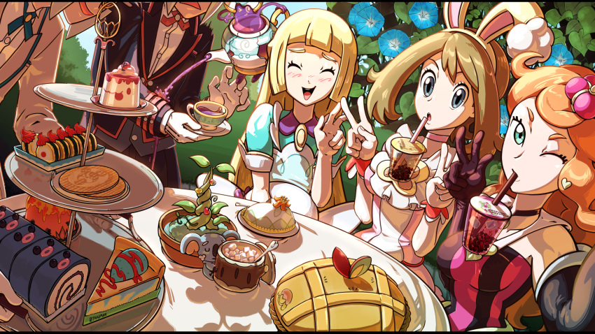 2boys 3girls :> :< animal_ears apple_pie apron aqua_eyes bare_shoulders black_gloves black_suit blonde_hair blue_dress blue_sky brown_hair bubble_tea bubble_tea_challenge butler buttons cake character-themed_food choker closed_mouth cross_tie crown cup day dress dress_shirt elbow_gloves emmet_(pokemon) emmet_(special_costume)_(pokemon) english_commentary fake_animal_ears food formal frown gloves green_eyes grey_eyes hair_down highres ingo_(pokemon) ingo_(special_costume)_(pokemon) komala lillie_(pokemon) lillie_(special_costume)_(pokemon) long_hair may_(pokemon) may_(spring_2021)_(pokemon) mini_crown multiple_boys multiple_girls official_alternate_costume one_eye_closed open_mouth orange_hair otakuman outdoors pastry pendant_choker pie pink_dress pokemon pokemon_(creature) pokemon_masters_ex poliwag polteageist pudding puffy_short_sleeves puffy_sleeves purple_gloves rabbit_ears shirt short_sleeves sinistea sitting sky sleeveless sleeveless_dress slurpuff smile sonia_(pokemon) sonia_(special_costume)_(pokemon) striped_clothes striped_dress sugar_bowl sugar_cube suit swept_bangs swiss_roll table tea_party teacup teddiursa themed_object tiered_tray tray v waist_apron white_shirt white_suit