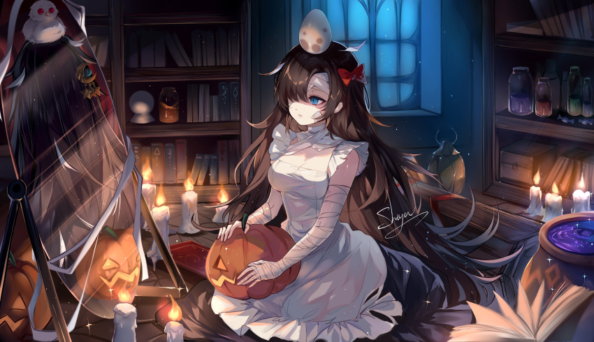 absurdres apron artist_name bandaged_arm bandages black_skirt blue_eyes bookshelf bow breasts brown_hair candle chinese_commentary cleavage commentary_request different_reflection egg female hairbow highres jack-o'-lantern loaded_interior long_hair medium_breasts mirror object_on_head original parted_lips red_bow reflection sheya signature skirt solo very_long_hair white_apron window