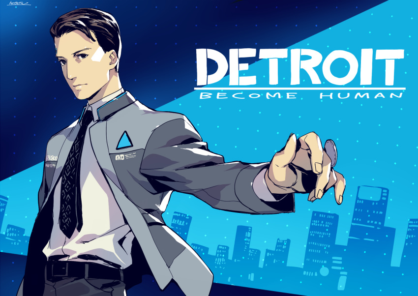 1boy belt black_belt black_necktie blue_background brown_hair closed_mouth connor_(detroit) copyright_name detroit:_become_human grey_jacket grey_pants highres jacket kotatsu_(g-rough) long_sleeves looking_at_viewer male_focus necktie pants shirt short_hair signature solo white_shirt