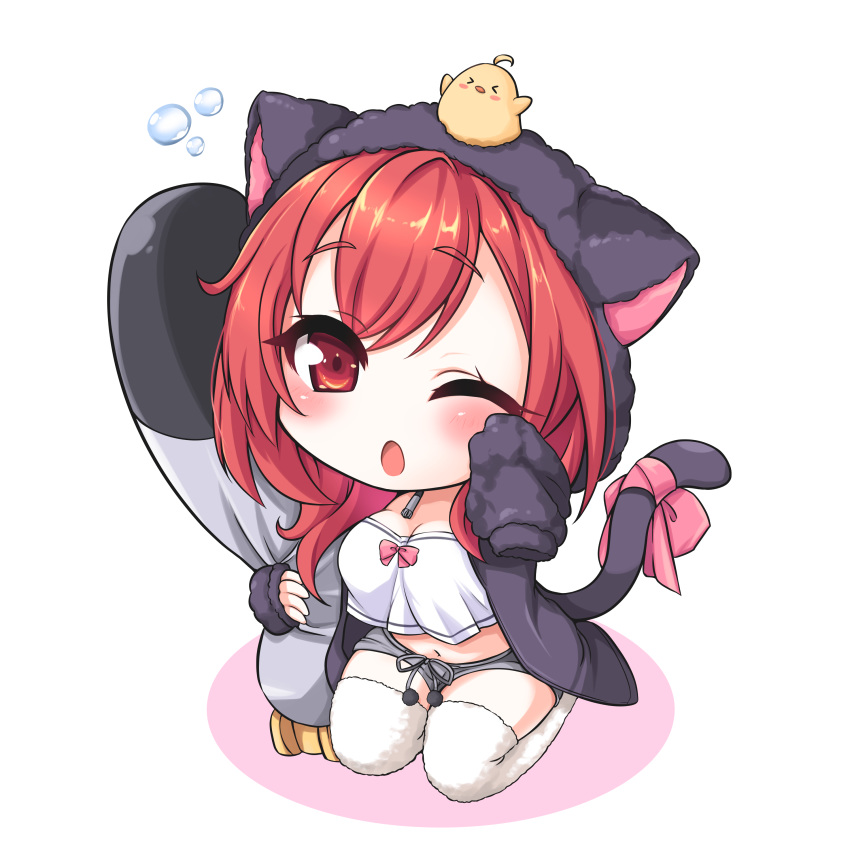 ;o absurdres animal_ears animal_hood animal_on_head azur_lane bird black_hoodie blush breasts cat_ears cat_girl cat_tail chibi chick choker cleavage commentary_request crop_top crop_top_overhang fake_animal_ears female full_body grey_shorts hair_between_eyes highres hood hoodie hugging_object i-19_(azur_lane) i-19_(pillowy_paradise)_(azur_lane) kinomiki_nobori large_breasts long_hair long_sleeves looking_at_viewer loungewear manjuu_(azur_lane) midriff navel on_head one_eye_closed open_mouth pillow pillow_hug red_eyes red_hair ribbon seiza shirt short_shorts shorts sidelocks sitting sleepy sleeves_past_fingers sleeves_past_wrists tail tail_ornament tail_ribbon thighhighs torpedo transparent_background white_shirt white_thighhighs