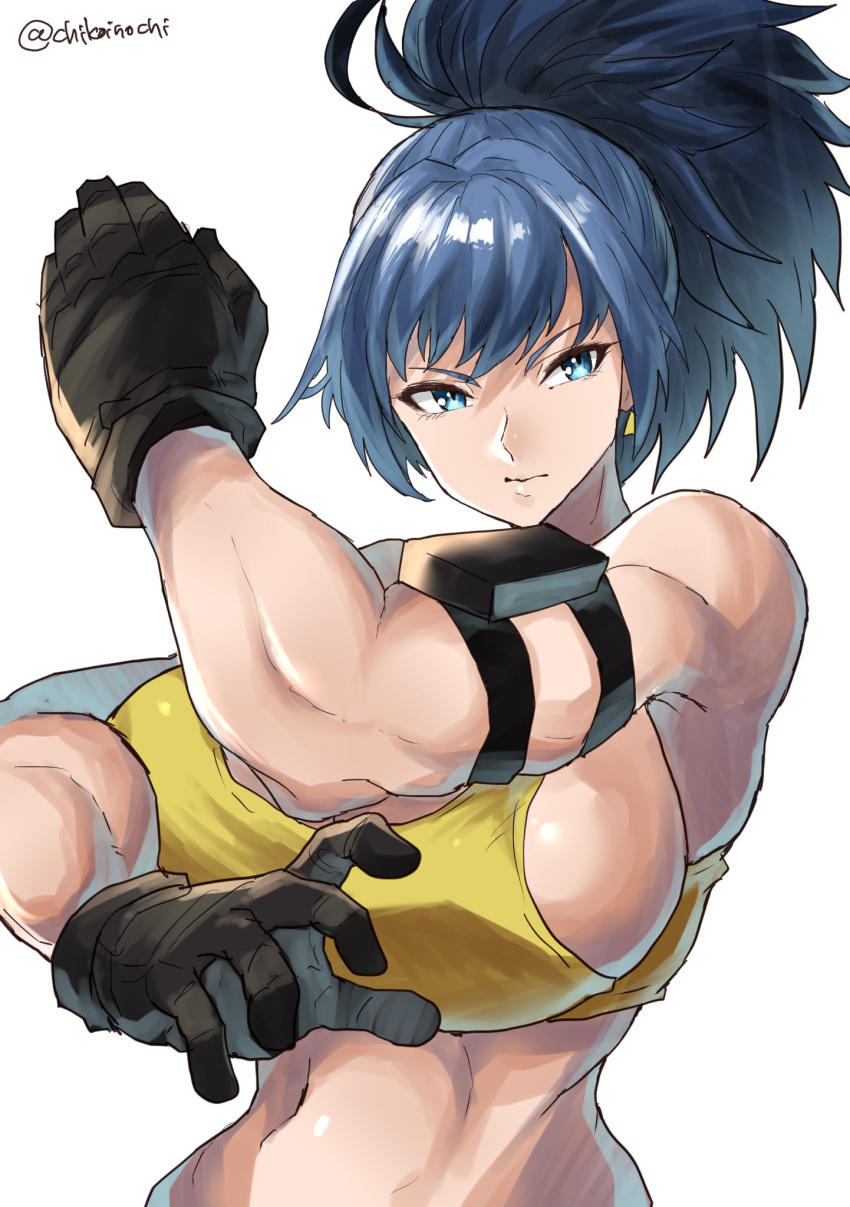 armlet bare_shoulders black_gloves blue_eyes blue_hair breasts chikoinochi clenched_hand earrings female gloves highres jewelry large_breasts leona_heidern muscular muscular_female navel ponytail simple_background solo tank_top the_king_of_fighters the_king_of_fighters_xv twitter_username white_background yellow_tank_top