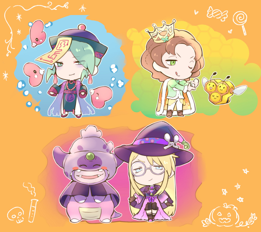 3boys :q alternate_costume avery_(pokemon) blonde_hair blue_eyes brown_hair burgh_(pokemon) chibi closed_mouth combee commentary_request crown fang_out finger_frame galarian_slowking glasses green_eyes green_hair halloween hat highres long_hair long_sleeves luvdisc male_focus mini_crown multiple_boys oerba_yun_fang one_eye_closed pokemon pokemon_(creature) pokemon_bw pokemon_oras pokemon_swsh round_eyewear smile standing tongue tongue_out tudurimike wallace_(pokemon) witch_hat