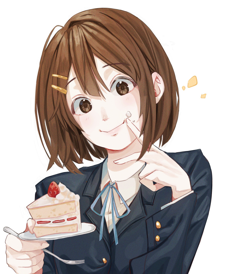 brown_eyes brown_hair cake female food food_on_face fork hair_ornament hairclip highres hirasawa_yui k-on! mu_ooa plate sakuragaoka_high_school_uniform school_uniform short_hair smile solo upper_body white_background winter_uniform