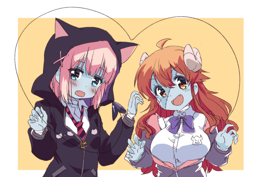 2girls ahoge blush brown_hair chiyoda_momo colored_skin curled_horns demon_girl demon_horns demon_tail hair_ornament hairclip horns long_hair machikado_mazoku mukaibi_aoi multiple_girls open_mouth patchwork_skin pink_hair school_uniform short_hair stitches tail yoshida_yuuko_(machikado_mazoku) zombie zombie_land_saga