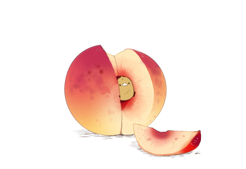 apricot_(fruit) artist_name bird chai_(drawingchisanne) commentary_request food food_focus fruit highres looking_at_viewer no_humans original painttool_sai_(medium) peach peach_slice simple_background sitting_on_food sweets_bird undersized_animal white_background