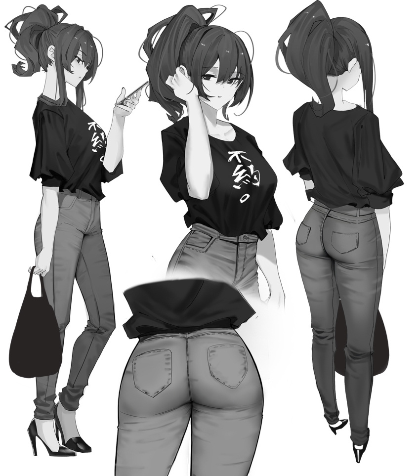 adjusting_hair arm_at_side ass back bag breasts cellphone chinese_commentary chinese_text closed_mouth clothes_writing commentary_request denim facing_away female from_behind full_body gongba_laoge greyscale hair_between_eyes high_heels highres holding holding_bag holding_phone jeans long_hair looking_at_penis looking_at_viewer monochrome multiple_views original pants phone pocket ponytail profile shirt_tucked_in sidelocks simple_background smartphone standing white_background