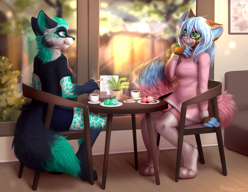 ailurid anthro bloominglynx blue_hair cafe canid canine clothed clothing date dessert digital_media_(artwork) duo female female/female food footwear hair hi_res ice_cream inside legwear long_hair mammal nurah red_panda shaded socks sweater thigh_highs thigh_socks topwear