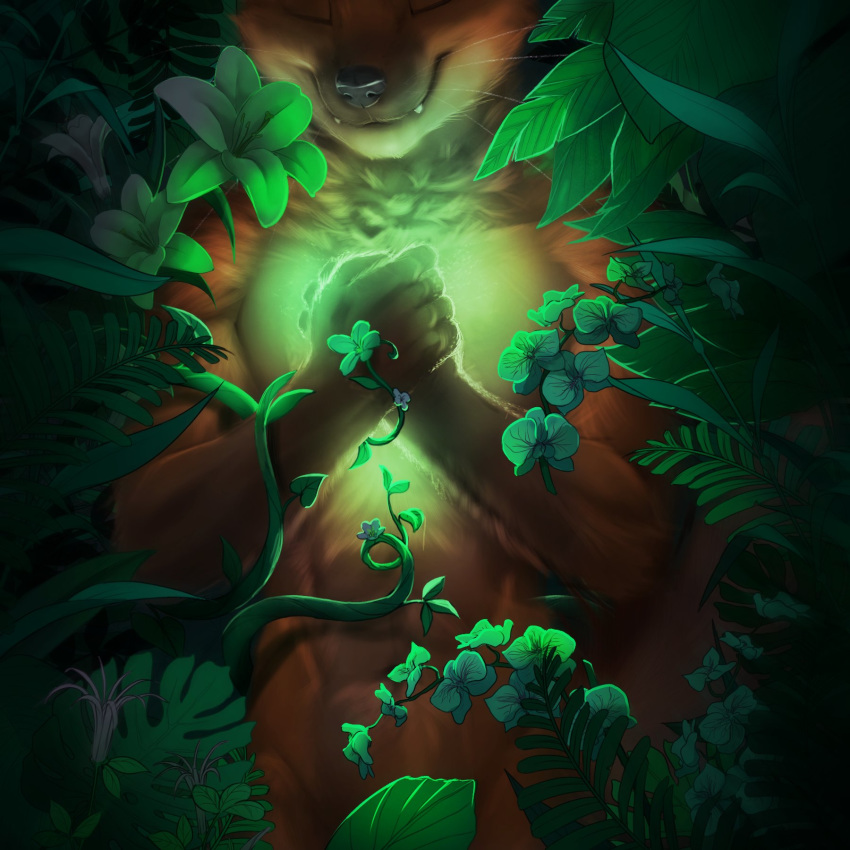 1:1 2019 5_fingers abs anthro black_nose brown_body brown_fur clasped_hands closed_eyes collaboration cute_fangs fingers flower fur glowing green_glow gulonine hands_together hi_res koul lily_(flower) male mammal marten mustelid musteline neck_tuft orchid_(flower) plant smile solo standing ticl tuft vincent_(altairey) vines