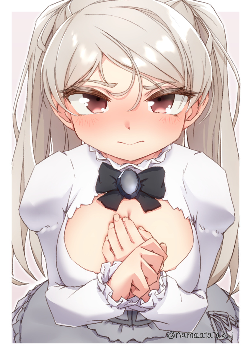 absurdres blush border breasts brown_eyes cleavage closed_mouth conte_di_cavour_(kancolle) dress female grey_hair highres kantai_collection large_breasts layered_dress long_hair long_sleeves looking_at_viewer namaata solo twitter_username two-tone_dress two_side_up upper_body white_border white_dress