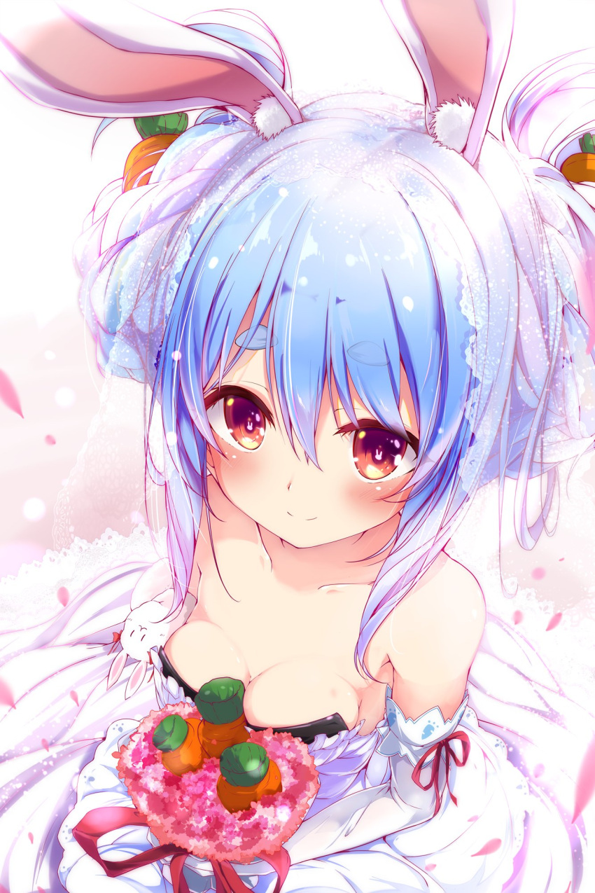 animal_ears blue_hair braid braided_bun breasts bridal_veil carrot cleavage collarbone commentary_request don-chan_(usada_pekora) double_bun dress elbow_gloves female from_above gloves hair_bun highres hololive long_hair medium_breasts multicolored_hair nanaume_(shichimi_tougarashi) official_alternate_hairstyle rabbit-shaped_pupils rabbit_ears rabbit_girl smile solo strapless strapless_dress symbol-shaped_pupils two-tone_hair usada_pekora veil virtual_youtuber wedding_dress white_dress white_gloves white_hair