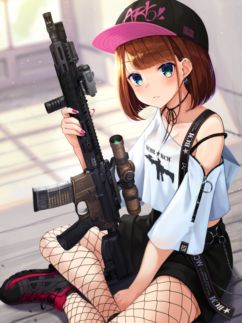 absurdres american_flag ar-15 assault_rifle barbell_piercing bare_shoulders baseball_bat between_legs black_footwear black_hat black_ribbon black_shorts blunt_bangs blush bob_cut choker commentary crop_top ear_piercing earrings enpera_(jdud8375) female fishnet_pantyhose fishnets green_eyes gun hand_between_legs hat highres holding holding_gun holding_weapon indian_style indoors industrial_piercing jewelry looking_at_viewer md5_mismatch midriff_peek nail_polish off_shoulder original pantyhose parted_bangs parted_lips phallic_symbol piercing pink_hat pink_nails red_hair resolution_mismatch ribbon ribbon_choker rifle school_uniform scope serafuku shirt shoes short_hair shorts sitting sneakers solo strap wallet_chain weapon white_shirt zipper