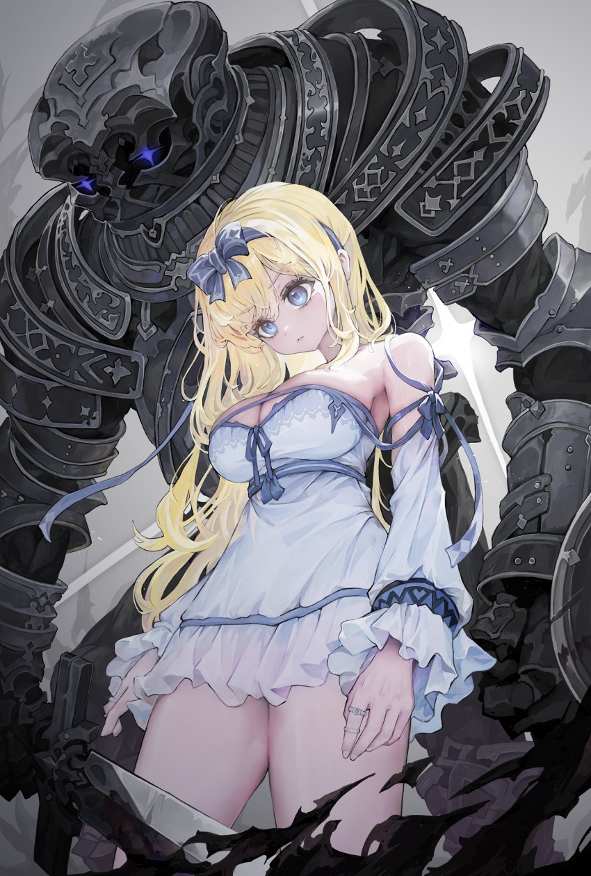 bare_shoulders blonde_hair blue_eyes blue_ribbon breasts cleavage closed_mouth detached_sleeves dress female golem hair_ribbon highres holding holding_sword holding_weapon jewelry large_breasts long_hair multiple_rings original ribbon ring standing sword voruvoru weapon white_dress white_sleeves