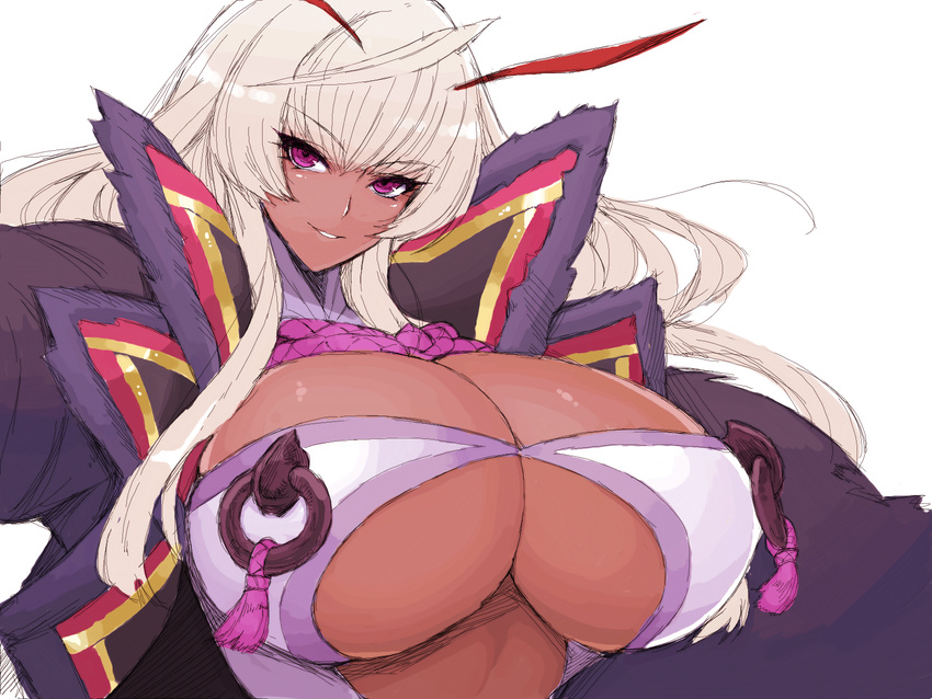 blonde_hair breast_rings breasts cleavage commentary_request dark-skinned_female dark_skin female highres huge_breasts itou_ittousai_(sengoku_bushouki_muramasa) long_hair looking_at_viewer sengoku_bushouki_muramasa simple_background smile solo underboob white_background whoosaku