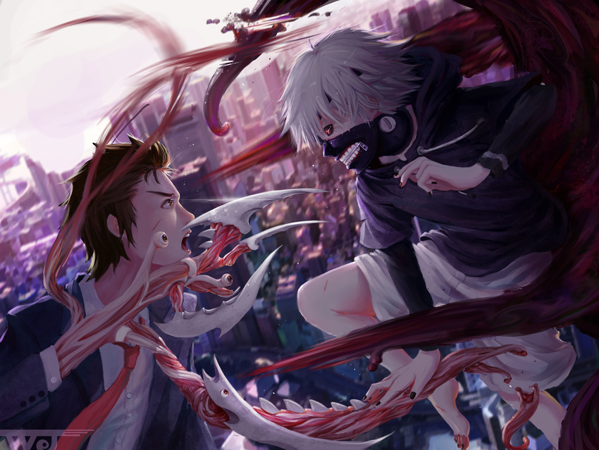 2boys absurdres attack battle black_sclera blurry blurry_background brown_eyes brown_hair city claws colored_sclera commentary_request crossover duel face-to-face flesh glowing glowing_eye highres izumi_shin'ichi kagune_(tokyo_ghoul) kaneki_ken kiseijuu lew_wj male_focus mask migi multiple_boys photoshop_(medium) profile red_eyes science_fiction short_hair tentacle tokyo_ghoul white_hair