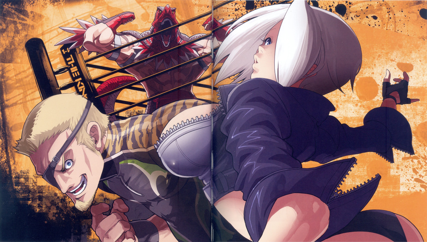 angel_(kof) ass breasts dinosaur_costume eyepatch fingerless_gloves king_of_dinosaurs large_breasts leather leather_jacket muscle parted_lips ramon_(kof) scan the_king_of_fighters the_king_of_fighters_xiv white_hair wrestling_ring