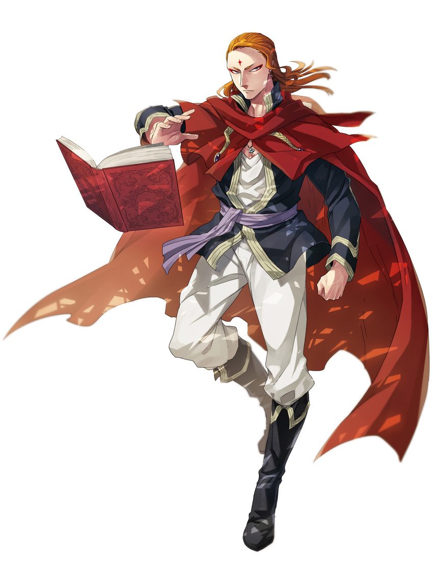 1boy bad_id bad_pixiv_id black_clover book boots cape eyeliner facial_mark forehead_mark fuegoleon_vermillion grimoire highres long_hair makeup male_focus orange_hair solo white_background yoshi_susuki