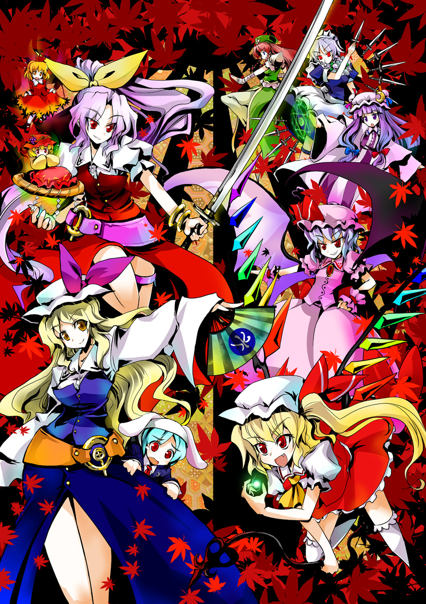 6+girls aki_minoriko aki_shizuha belt bow bracelet commentary_request cover cover_page dagger flandre_scarlet hairbow hand_fan highres hong_meiling izayoi_sakuya jewelry katana knife laevatein_(touhou) leaf long_hair magic_circle maple_leaf multiple_girls painttool_sai_(medium) patchouli_knowledge pfalz ponytail reisen_(touhou_bougetsushou) remilia_scarlet short_hair sword touhou watatsuki_no_toyohime watatsuki_no_yorihime weapon