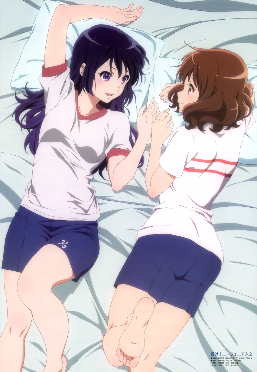 2girls absurdres barefoot brown_eyes brown_hair feet gym_shorts gym_uniform hibike!_euphonium highres kousaka_reina long_hair lying multiple_girls official_art on_back on_side open_mouth oumae_kumiko pillow pinky_swear profile purple_eyes purple_hair satou_tatsuya scan short_hair shorts smile soles toes yuri