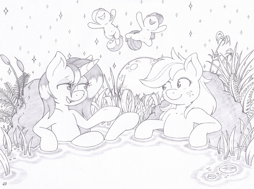 2014 apple_bloom_(mlp) applejack_(mlp) black_and_white duo equid equine female freckles friendship_is_magic grass hair hasbro horn horse joey-darkmeat jumping lily_pad mammal monochrome moon my_little_pony mythological_creature mythological_equine mythology night plant pony rarity_(mlp) reed rock sitting sweetie_belle_(mlp) unicorn water wet_hair