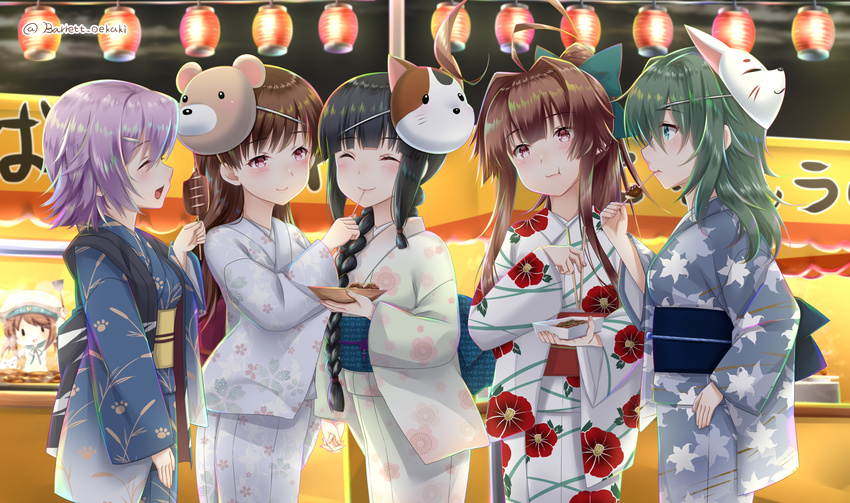 6+girls :d :t ^_^ ahoge alternate_costume aqua_eyes arm_up baretto_(firearms_1) bear_mask blue_kimono blunt_bangs blush bow bowl braid breasts brown_hair cat_mask chibi chopsticks closed_eyes closed_mouth commentary_request cowboy_shot eating error_musume feeding feline festival floral_print food fox_mask green_bow green_hair hair_intakes hair_ornament hair_over_shoulder hairbow hairclip happy highres holding holding_bowl holding_chopsticks holding_food holding_hands interlocked_fingers japanese_clothes kantai_collection kimono kiso_(kancolle) kitakami_(kancolle) kuma_(kancolle) lantern leaf_print long_hair long_sleeves mask mask_on_head medium_breasts multiple_girls ooi_(kancolle) open_mouth outdoors paw_print pink_hair ponytail print_kimono profile purple_eyes red_eyes sash short_hair sidelocks single_braid small_breasts smile solid_circle_eyes standing tama_(kancolle) very_long_hair white_kimono wide_sleeves yellow_kimono yukata yuri