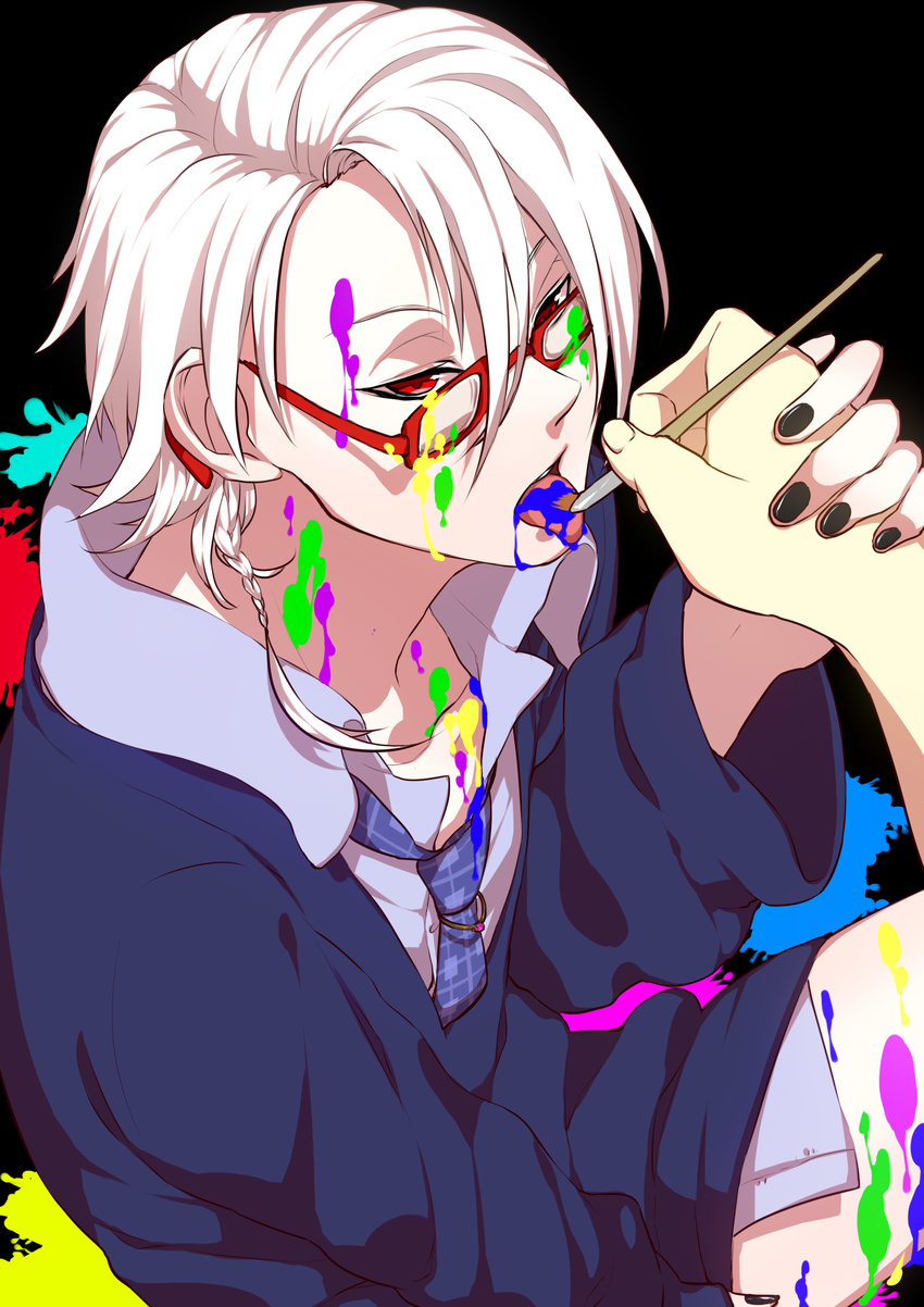 1boy absurdres commentary_request glasses hand_grab highres holding_hands izayoi04 male_focus necktie open_mouth original out_of_frame paint paintbrush red_eyes solo_focus white_hair