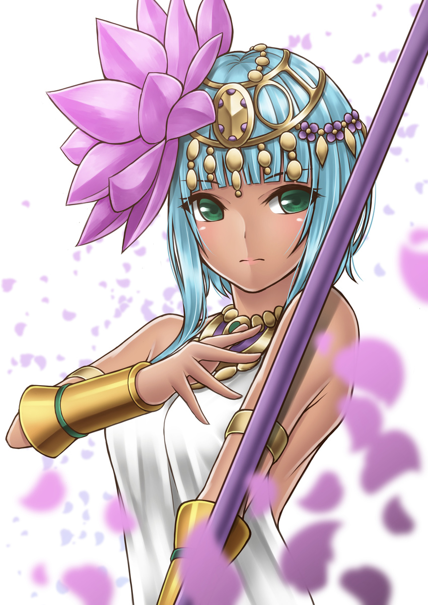 absurdres aqua_hair armlet bare_shoulders blurry blush bracer commentary_request dark-skinned_female dark_skin depth_of_field dress female flower green_eyes hair_flower hair_ornament headdress highres lotus meshida_(lux-far-accelerator) parvati_(p&d) petals polearm puzzle_&_dragons short_hair_with_long_locks solo weapon white_dress