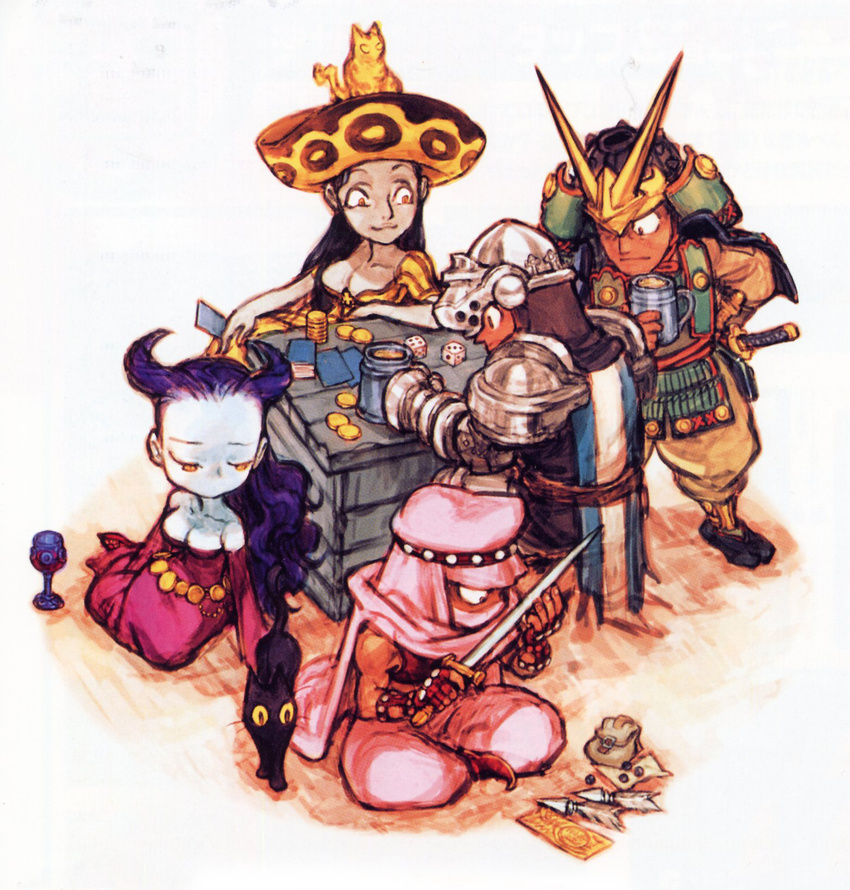 agathe_(gaia_master) arabian_clothes armor beer big_hat black_cat blue_skin cleavage dagger dice feline gaia_master gambling game hat long_hair nishimura_kinu official_art samurai samurai_clothes yellow_cat yellow_eyes