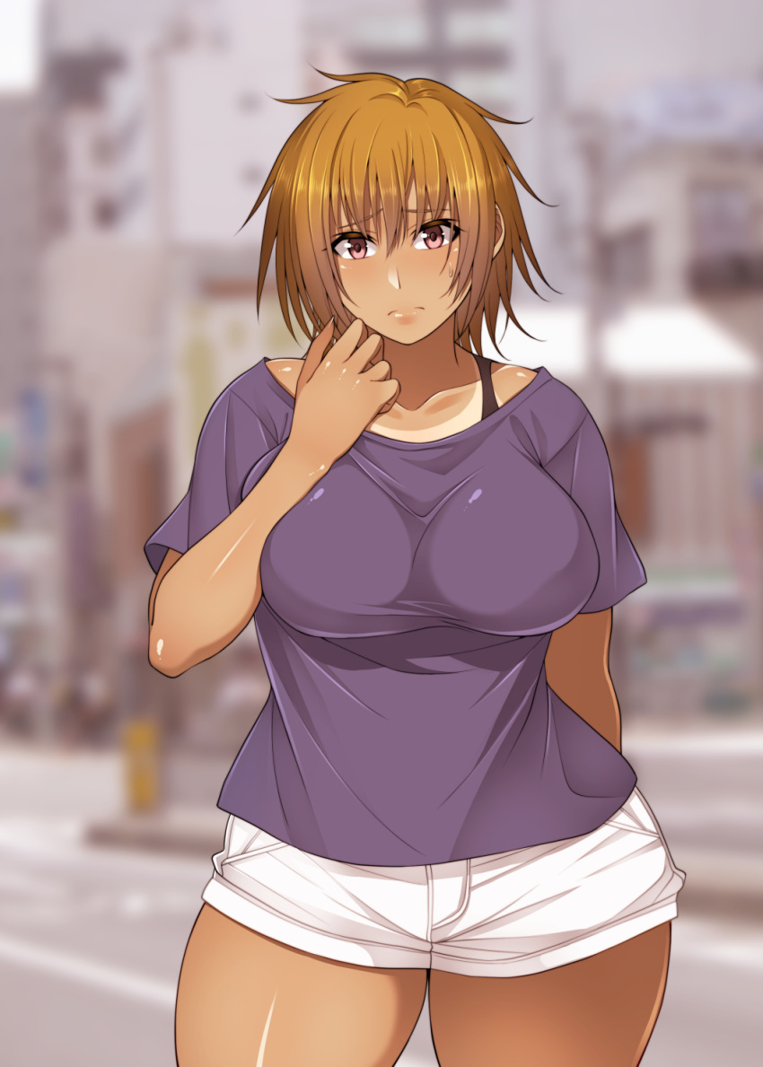 blush breasts brown_eyes brown_hair commentary_request female highres korotsuke large_breasts long_hair looking_at_viewer namikawa_hiyori nekura_megane netorase original short_shorts shorts solo sweatdrop tan tanlines white_shorts