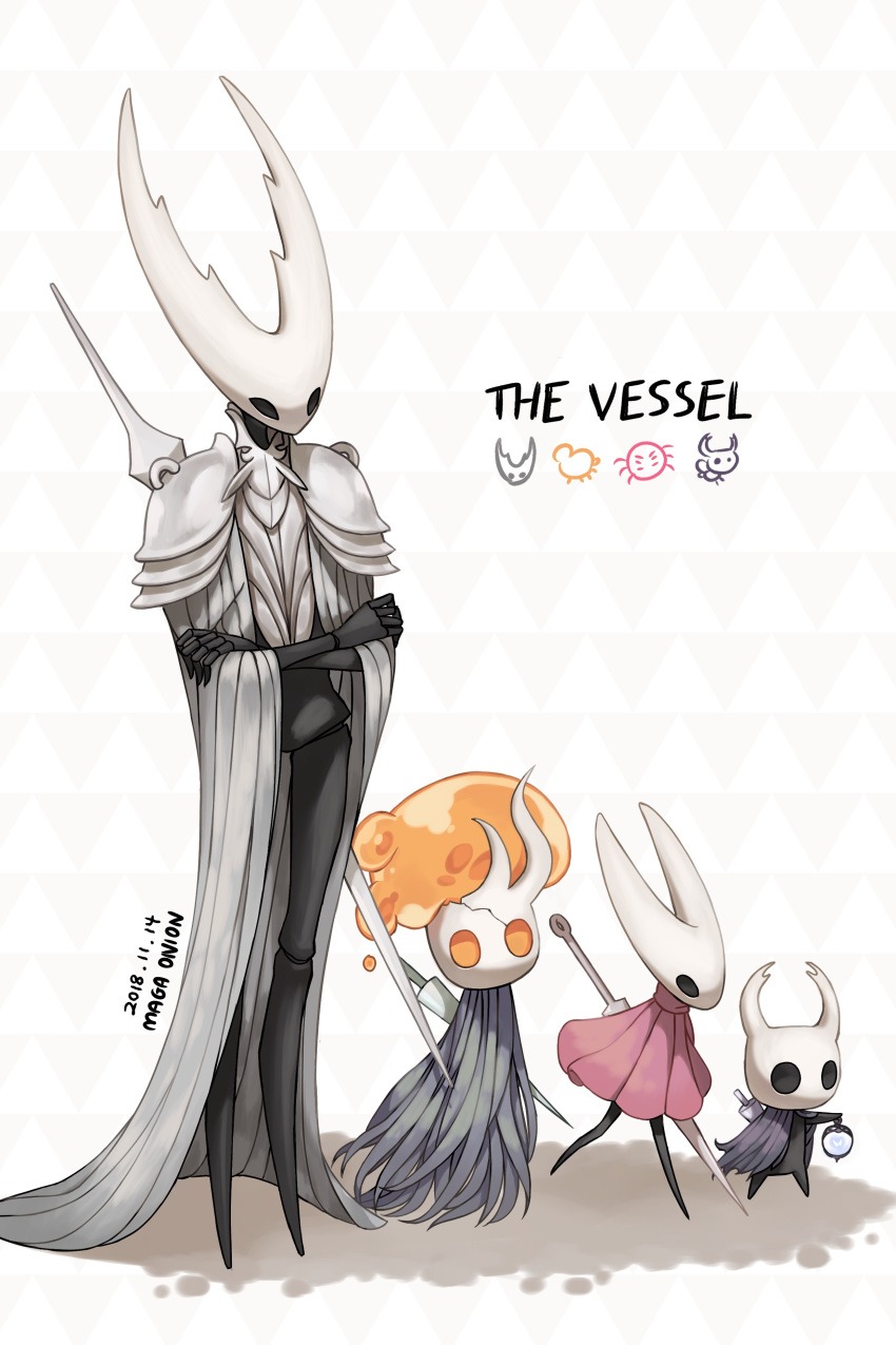 3others absurdres armor broken_vessel_(hollow_knight) cape commentary_request crossed_arms dated female glowing glowing_eyes highres hollow_eyes hollow_knight hornet_(hollow_knight) horns knight_(hollow_knight) lantern maga_(comicfans100) multiple_others nail_(hollow_knight) needle_(hollow_knight) no_humans painting_(medium) pure_vessel shoulder_armor signature simple_background sword sword_behind_back traditional_media watercolor_(medium) weapon