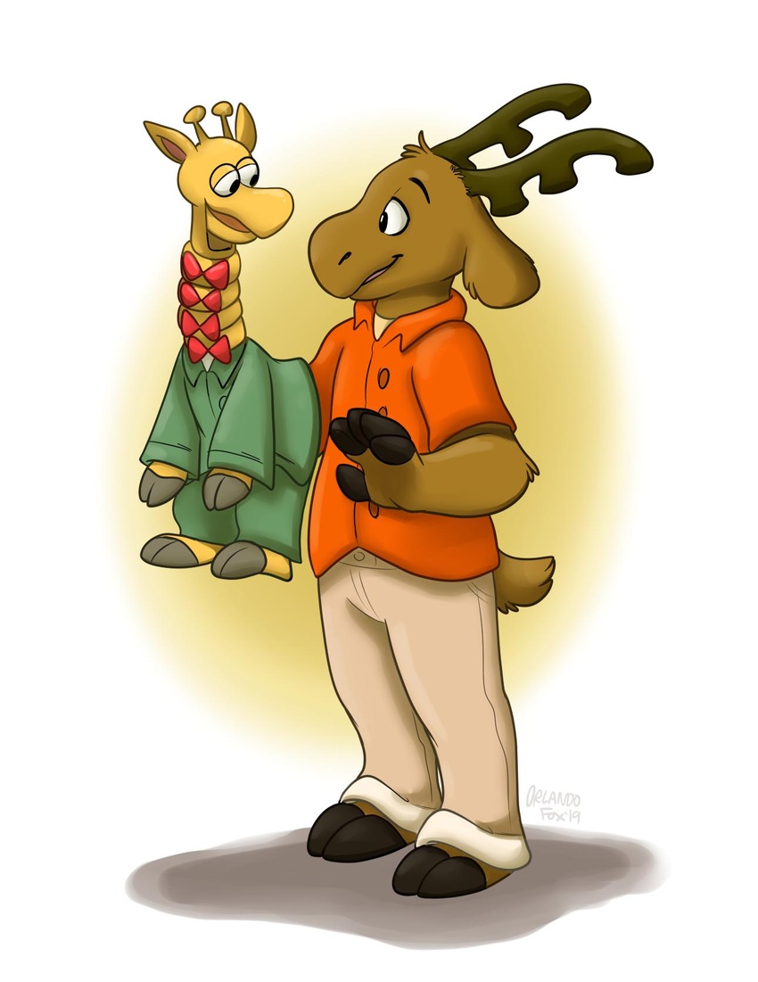 2019 anthro arthur_(series) barefoot bottomwear clothed clothing collared_shirt deer digital_media_(artwork) dummy feet fully_clothed fur george_lundgren hi_res holding_object looking_at_object male mammal moose new_world_deer no_irises orlandofox pants shirt short_tail signature solo standing tail topwear ventriloquism young