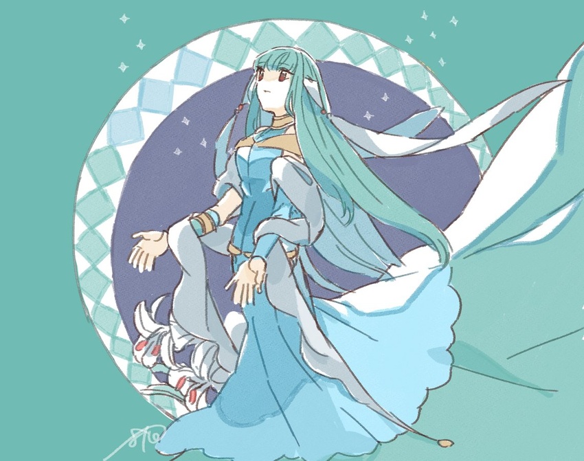 bad_id bad_twitter_id bare_shoulders blue_hair cape dress female fire_emblem fire_emblem:_the_blazing_blade full_body hair_ornament long_hair murabito_ba ninian_(fire_emblem) red_eyes simple_background solo veil