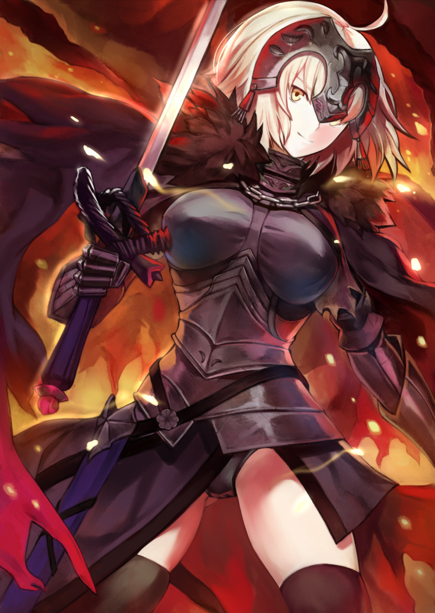 absurdres ahoge armor black_armor black_cape black_gloves black_leotard black_thighhighs blonde_hair cape chains commentary_request cowboy_shot fate/grand_order fate_(series) female gloves headpiece highres holding holding_sword holding_weapon jeanne_d'arc_alter_(avenger)_(fate) jeanne_d'arc_alter_(fate) korean_commentary legs_apart leotard partial_commentary ruba_(akiraoe_84) short_hair smile solo sword thighhighs weapon yellow_eyes