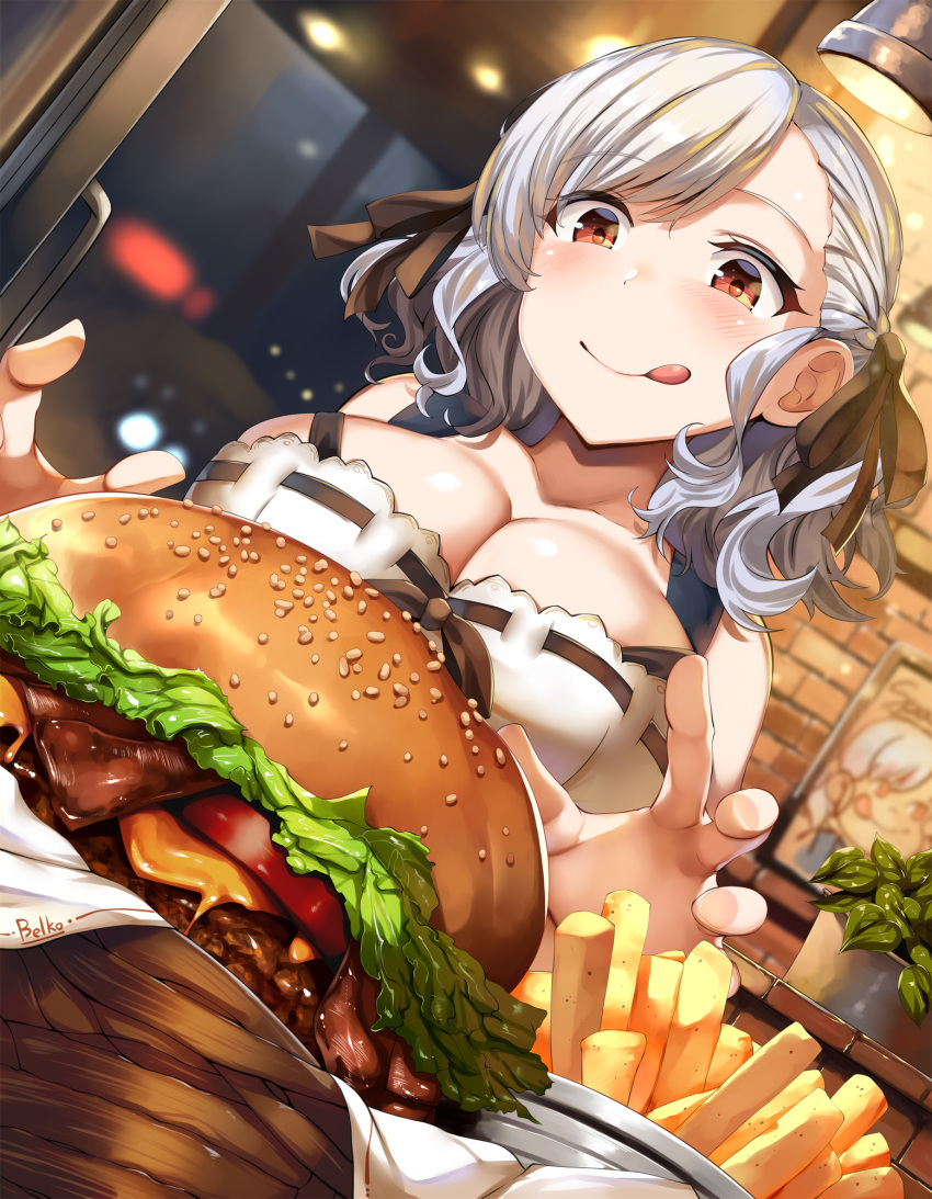 :q bangs bare_shoulders black_ribbon blush braid breasts casual cheese chips cleavage collarbone commentary dress dutch_angle english_commentary eyebrows_visible_through_hair female food framed_image girls_frontline hair_ribbon hamburger hands_up highres indoors large_breasts lettuce licking_lips light lolicept long_hair night plant potted_plant red_eyes ribbon ribbon-trimmed_dress signature silver_hair sitting smile solo spas-12_(girls_frontline) tomato tongue tongue_out tray twintails window