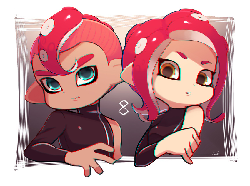 1boy agent_8_(splatoon) blue_eyes chromatic_aberration closed_mouth commentary_request coula_cat dark-skinned_male dark_skin female long_hair long_sleeves looking_at_viewer mohawk octoling octoling_player_character parted_lips photoshop_(medium) red_hair short_hair single_bare_shoulder single_sleeve splatoon_(series) splatoon_2 splatoon_2:_octo_expansion suction_cups tentacle_hair turtleneck upper_body yellow_eyes