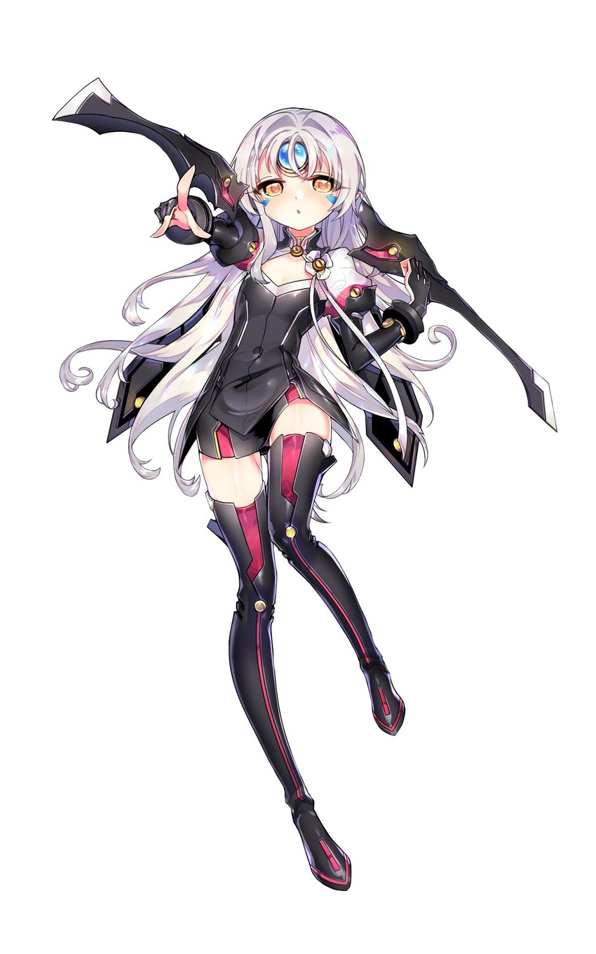 angellyuna bracelet breasts cleavage code:_nemesis_(elsword) commentary_request elsword eve_(elsword) eyelashes facial_mark female forehead_jewel gloves highres jewelry korean_commentary long_hair mechanical_wings open_mouth pointing thighhighs thighs white_hair wings yellow_eyes