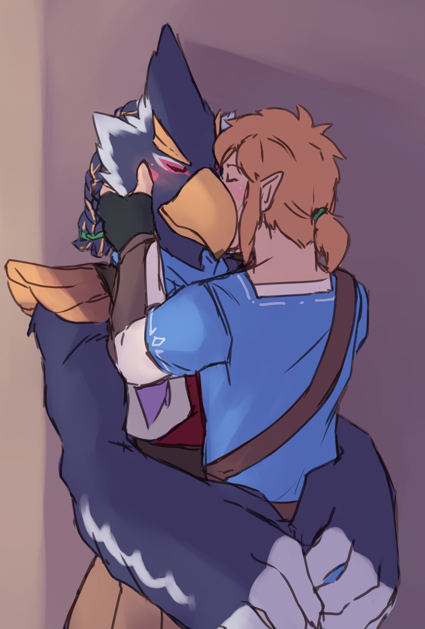 against_surface against_wall anthro avian blush breath_of_the_wild closed_eyes duo feather_hands feathers ghangaji hand_on_cheek hi_res hip_grab hug humanoid hylian interspecies link male male/male nintendo revali rito smile standing the_legend_of_zelda