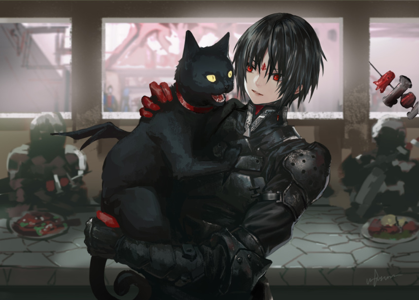 androgynous animal armor black_armor black_cat black_hair blurry blurry_background city_guard_(infukun) commentary_request eye_contact facial_mark feline forehead_mark gauntlets gender_request gloves holding holding_animal holding_cat indoors infukun long_sleeves looking_at_another photoshop_(medium) pixiv_fantasia pixiv_fantasia_last_saga red_eyes red_gloves short_hair signature sitting skewer standing table window yellow_eyes