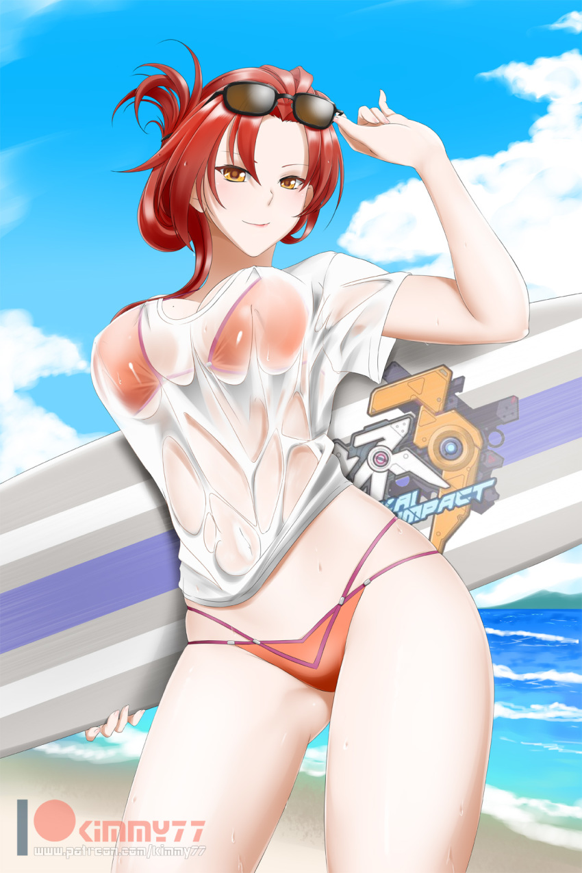 alfred_cullado bikini black-framed_eyewear breasts brown-tinted_eyewear cleavage copyright_name cowboy_shot eyewear_on_head female highres holding honkai_(series) honkai_impact_3 large_breasts looking_at_viewer multi-strapped_bikini ocean orange_bikini patreon_logo red_hair see-through shiny shiny_hair shirt short_sleeves sideboob smile solo standing sunglasses surfboard sweatdrop swimsuit tied_hair underboob watermark wet wet_clothes wet_shirt white_shirt yellow_eyes