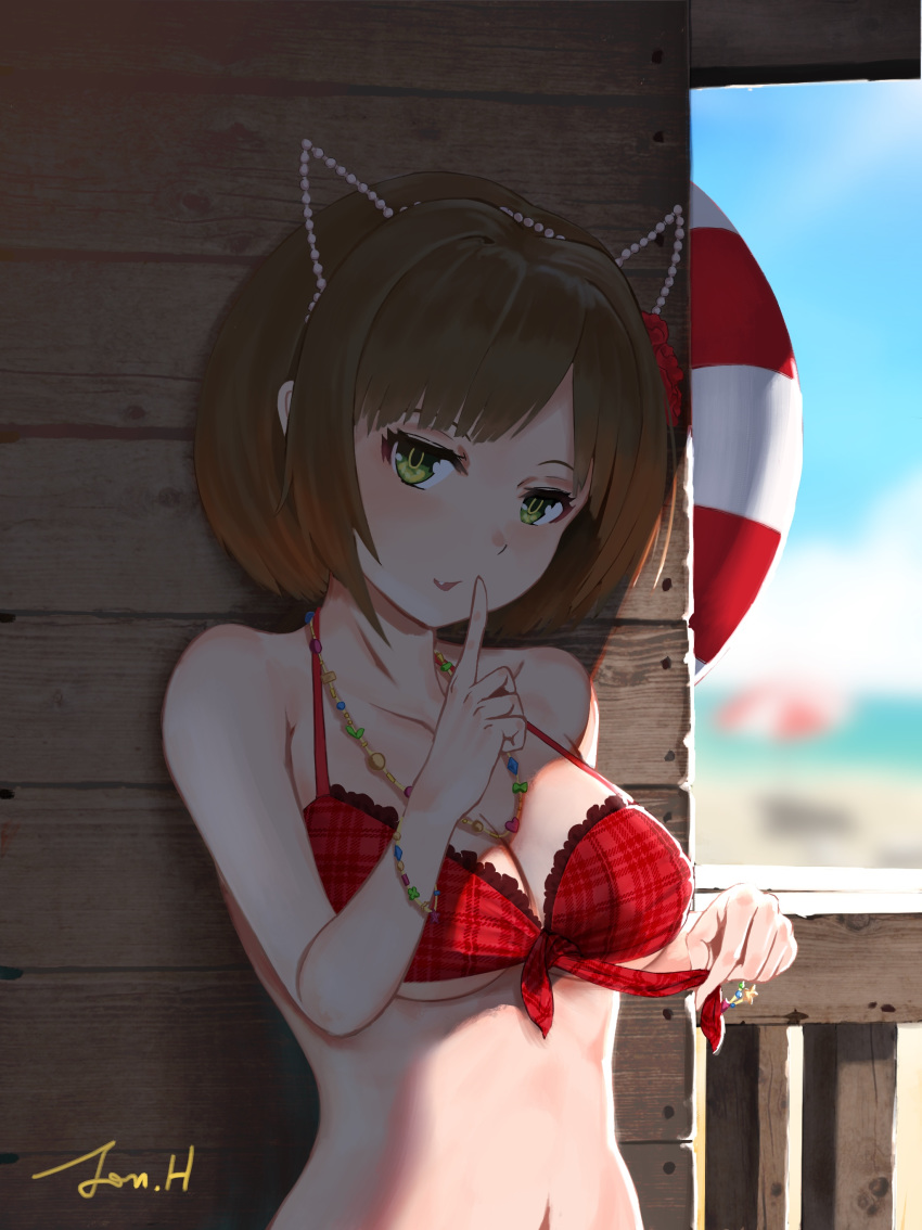 absurdres against_wall animal_ears bare_arms bare_shoulders bikini bikini_top_only breasts brown_hair cat_ears cleavage collarbone commentary_request day fake_animal_ears female finger_to_mouth green_eyes highres idolmaster idolmaster_cinderella_girls index_finger_raised jewelry jonathan_h lifebuoy looking_at_viewer maekawa_miku medium_breasts naughty_face navel necklace oerba_yun_fang outdoors plaid_bikini_top red_bikini short_hair shushing signature solo swim_ring swimsuit underboob untying upper_body wooden_wall