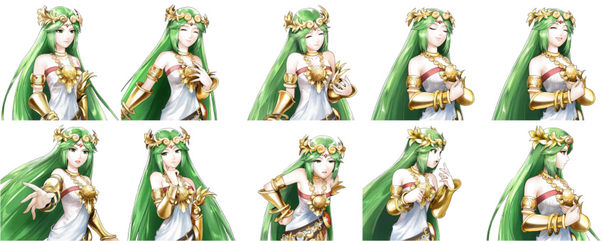 arm_out bending_forward clasped_hands closed_eyes dress expressions female female finger_on_cheek goddess green_hair hand_on_own_chest highres kid_icarus kid_icarus_uprising long_hair necklace nintendo official_art palutena shocked smile super_smash_bros. thinking video_games white_dress