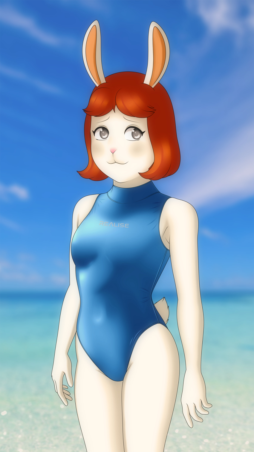 2019 absurd_res anthro arthur_(series) biped blush breasts buffbumblebee clothed clothing digital_drawing_(artwork) digital_media_(artwork) eyebrows eyelashes female front_view fur hair hi_res lagomorph leporid mammal marina_datillo one-piece_swimsuit outside rabbit scut_tail short_tail smile solo sport_swimsuit standing swimwear tail tight_clothing water white_body white_fur