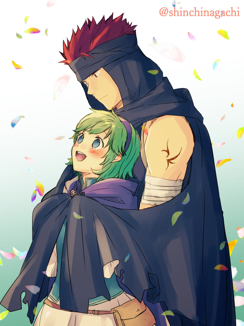 1boy absurdres bandages blue_eyes blush cape commentary_request couple female fingerless_gloves fire_emblem fire_emblem:_the_blazing_blade gloves green_hair hairband highres hug jaffar_(fire_emblem) nino_(fire_emblem) nishimura_(shinchinagachi) open_mouth protected_link purple_hairband red_eyes red_hair short_hair skirt smile straight